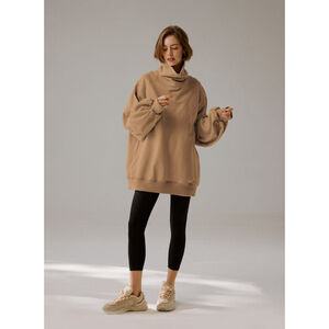 Nap Women's Boxy Oversized Turtleneck Sweatshirt Light Brown Pockets Small